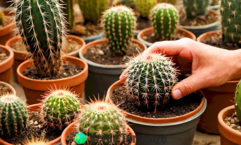 Guía visual del proceso de injerto de cactus en un invernadero, mostrando manos realizando la técnica entre diversas especies y herramientas