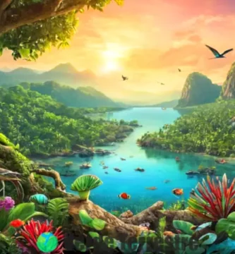Ilustración colorida de una selva tropical con organismos en simbiosis