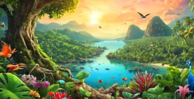 Ilustración colorida de una selva tropical con organismos en simbiosis