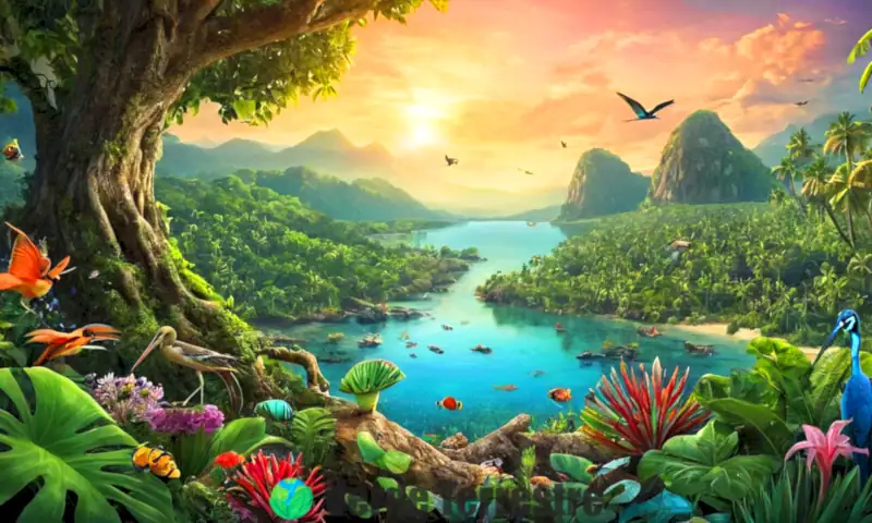 Ilustración colorida de una selva tropical con organismos en simbiosis