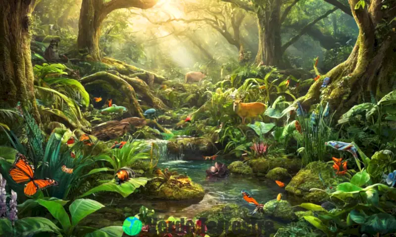 Representación colorida de un ecosistema vibrante con plantas, insectos y animales pequeños cohabitando en un bosque