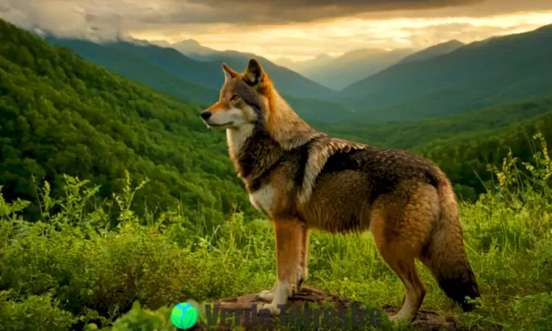 Primer plano de un lobo en un entorno natural, destacando su instinto y enfoque, con un cielo dramático al atardecer