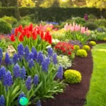 Jardín con flores de jacinto en pleno florecimiento y un jardinero cuidando las plantas bajo la luz cálida del sol