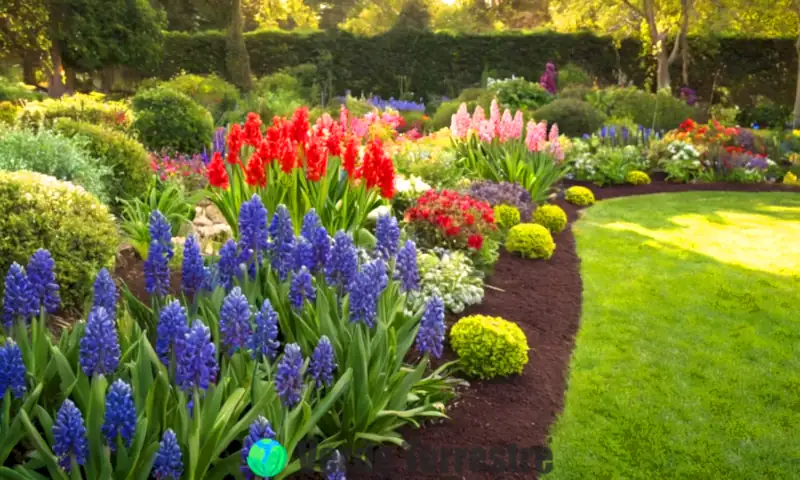 Jardín con flores de jacinto en pleno florecimiento y un jardinero cuidando las plantas bajo la luz cálida del sol