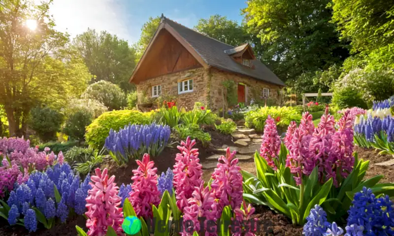 Jardín vibrante con jacintos en flor, herramientas de jardinería y un cobertizo al fondo bajo un cielo azul