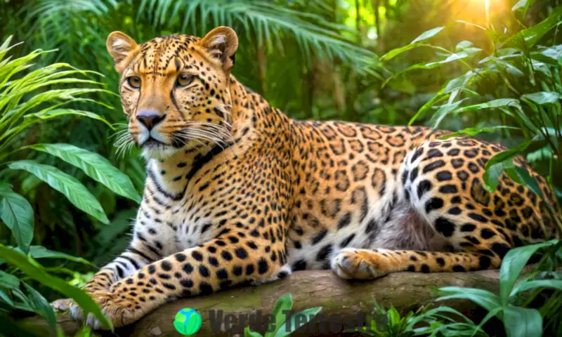 Tres grandes felinos (leopardo, guepardo y jaguar) se encuentran en una jungla exuberante, mostrando sus características únicas entre densa vegetación