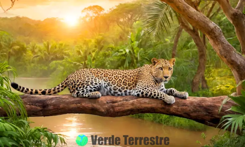 Tres felinos en sus hábitats: un leopardo en un árbol, un guepardo corriendo en la sabana y un jaguar junto a un río tropical