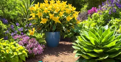 Jardín vibrante con plantas jaras de flores moradas y amarillas bajo un cielo azul