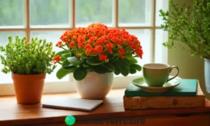 Planta de Kalanchoe en flor en un ambiente acogedor con té herbal
