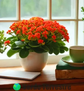 Planta de Kalanchoe en flor en un ambiente acogedor con té herbal