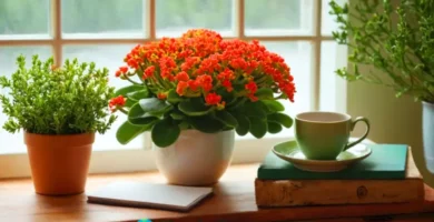 Planta de Kalanchoe en flor en un ambiente acogedor con té herbal