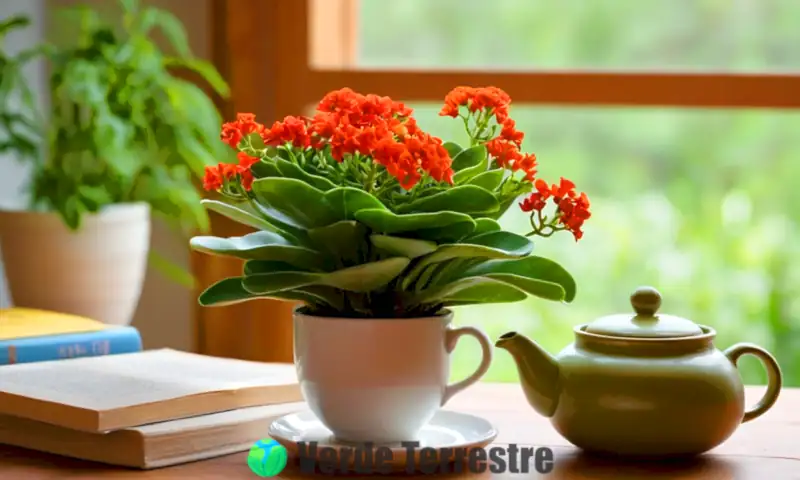Ilustración de una planta Kalanchoe con hojas verdes y flores coloridas en un ambiente interior acogedor, con una mesa de madera que tiene té de hierbas y libros sobre remedios naturales