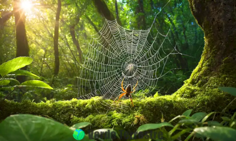 Araña tejiendo su red en un bosque verde, rodeada de insectos, con un enfoque en sus ocho patas y patrones detallados