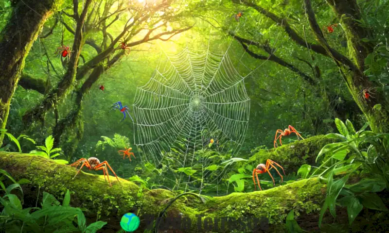 Ilustración colorida y detallada de diversas arañas en un bosque verde, mostrando sus hábitats y telas intrincadas bajo luz suave