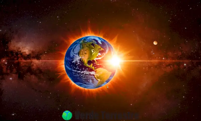 Ilustración que muestra la Tierra girando alrededor del Sol en un fondo cósmico lleno de estrellas
