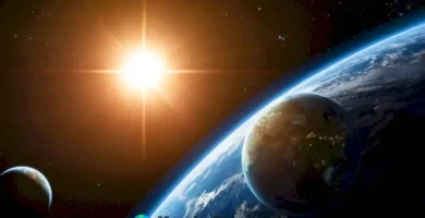 Ilustración vibrante de la Tierra girando y orbitando alrededor del Sol en un entorno cósmico