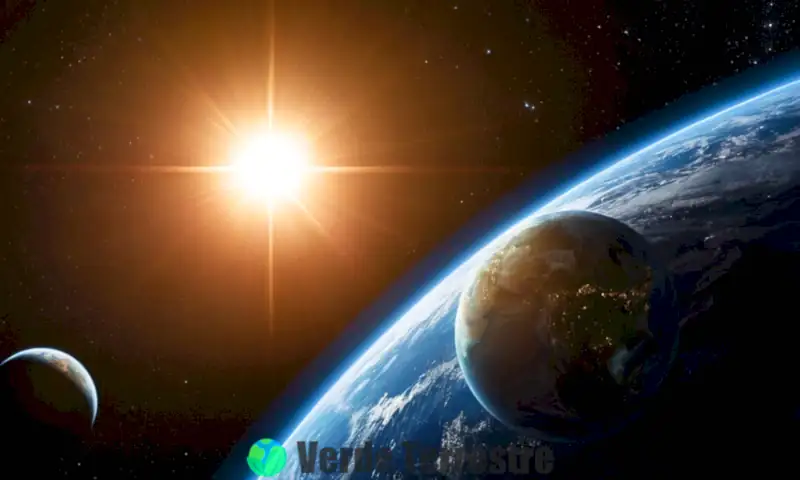 Ilustración vibrante de la Tierra girando y orbitando alrededor del Sol en un entorno cósmico