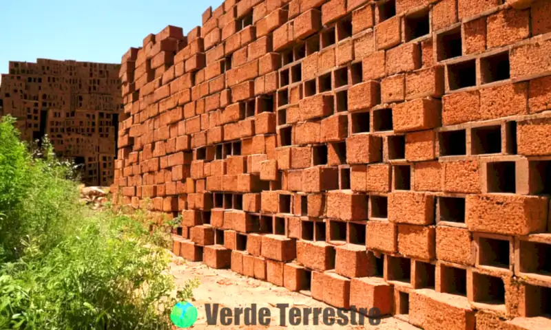 Ladrillos ecológicos apilados en un sitio de construcción, rodeados de vegetación y materiales sostenibles bajo un cielo azul