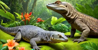 Dragones de Komodo y lagartos monitores en una jungla tropical