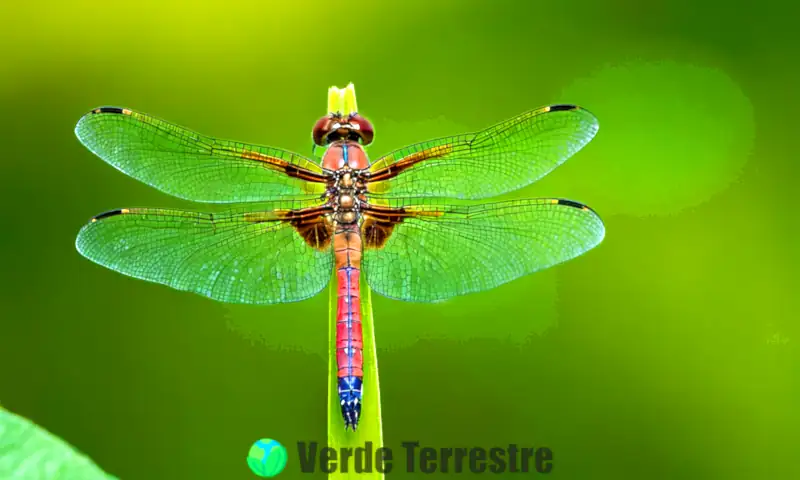 Libélula colorida posada en una hoja, con un fondo de jardín vibrante y elementos mitológicos sutiles