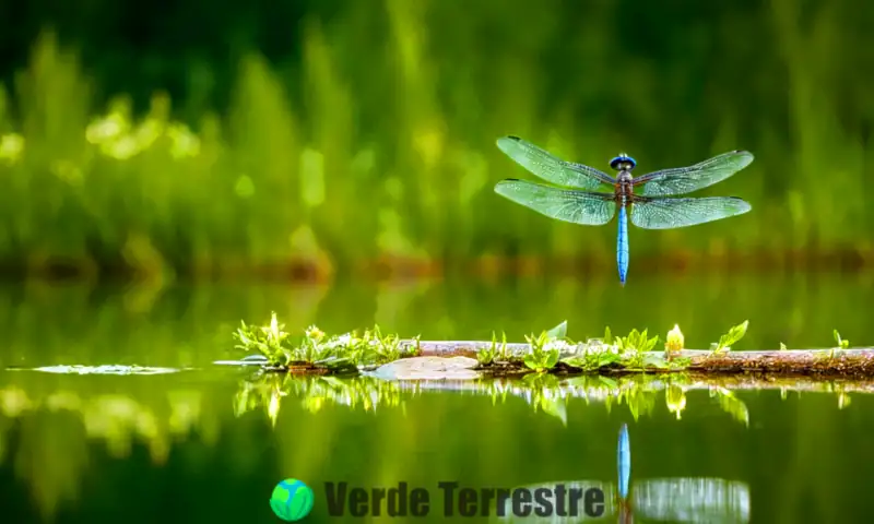 Libélula sobre un estanque sereno rodeado de vegetación y flores, con alas brillantes bajo el sol