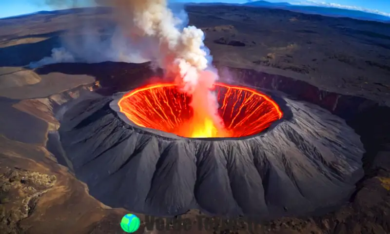 Ilustración realista de un volcán con sección transversal etiquetada, rodeado de un paisaje verde y cielo azul, mostrando humo y ceniza del cráter