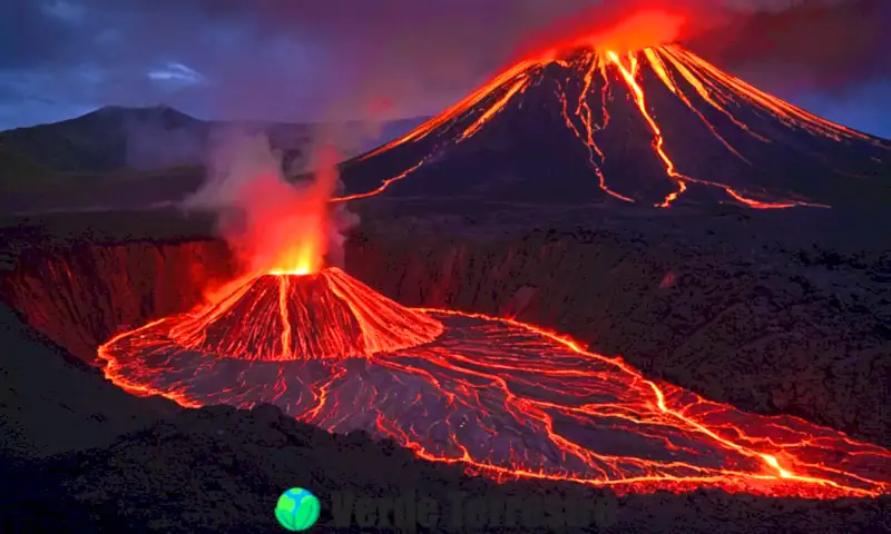 Ilustración educativa de un volcán en erupción con lava y cenizas, mostrando sus partes etiquetadas y un atardecer dramático de fondo