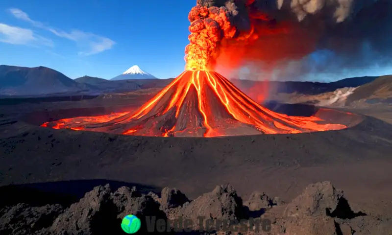 Ilustración detallada en corte de un volcán, mostrando la cámara magmática y estructuras internas, con un volcán en erupción de fondo y flujos de lava vibrantes