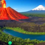 Ilustración educativa de un volcán con sus partes etiquetadas