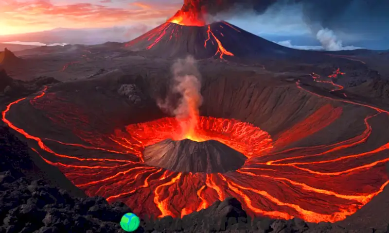 Ilustración educativa de un volcán con partes etiquetadas, en un paisaje volcánico dramático con cráter humeante y flujos de lava vibrantes