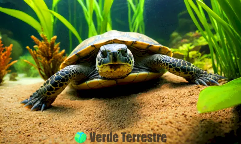 Close-up de la mandíbula de una tortuga con su diente de huevo, rodeada de un entorno acuático vibrante