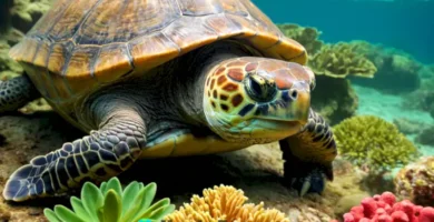 Ilustración realista de una tortuga en un entorno marino vibrante