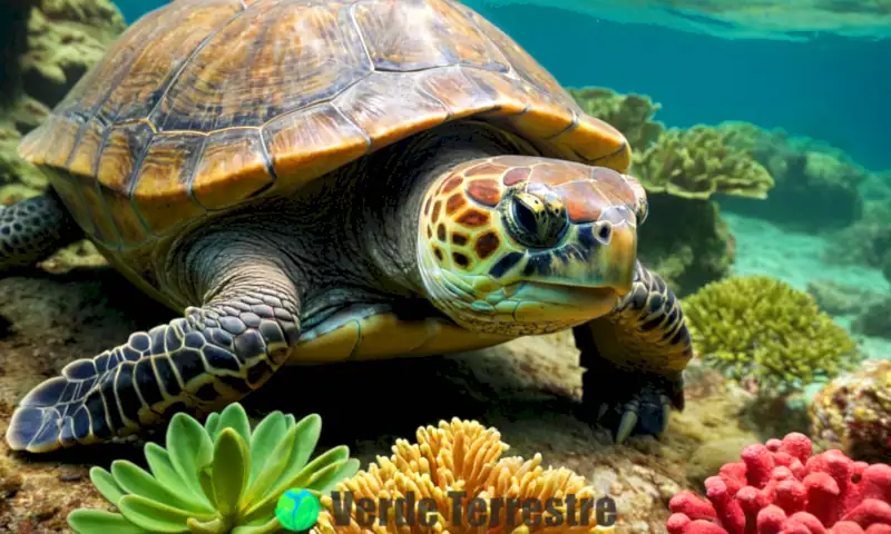 Ilustración realista de una tortuga en un entorno marino vibrante