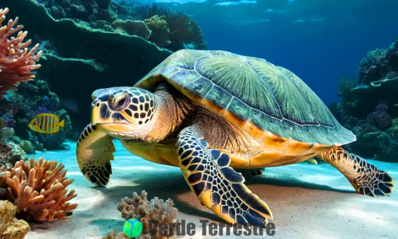 Ilustración detallada de la anatomía de una tortuga en un entorno marino vibrante, destacando su boca sin dientes y texturas del caparazón