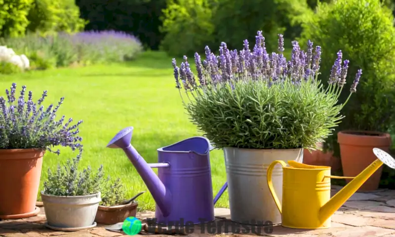Planta de lavanda en maceta florecida rodeada de herramientas de jardinería en un jardín iluminado