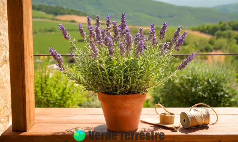 Planta de lavanda en flor en una maceta rústica sobre un balcón soleado con vista a colinas