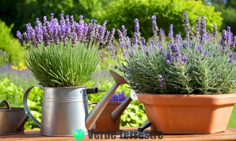 Planta de lavanda en una maceta decorativa, rodeada de herramientas de jardinería, en un jardín soleado