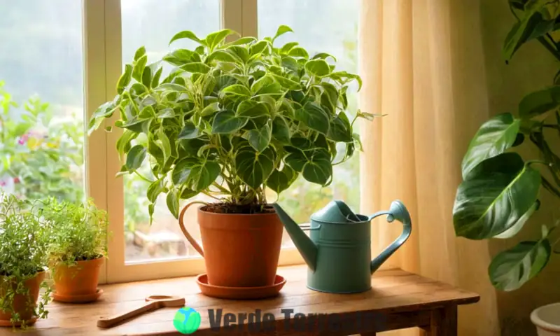 Planta lazo de amor sobre una mesa rústica, rodeada de herramientas de jardinería y una ventana iluminada al fondo