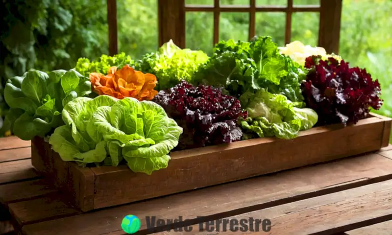Catorce variedades de lechuga dispuestas artísticamente sobre una mesa de madera, con etiquetas y un fondo de jardín iluminado