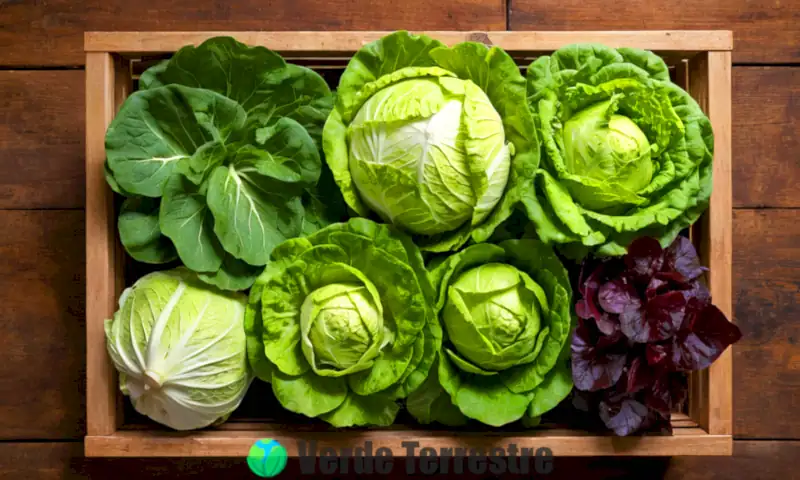 Ilustración colorida de 14 tipos de lechuga en un jardín