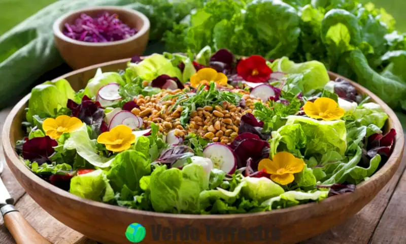 Ensalada colorida con 14 tipos de lechuga etiquetados, rodeada de verduras frescas y flores comestibles, sobre una mesa de madera rústica con luz brillante