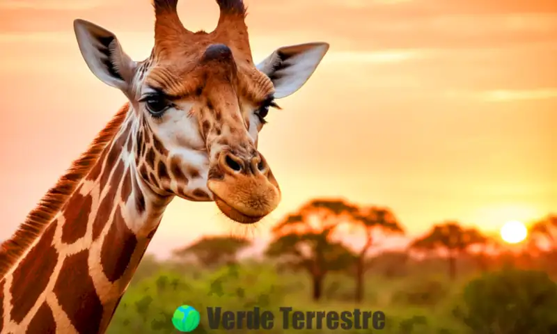Lengua de jirafa de color oscuro en un vibrante paisaje de sabana africana al atardecer