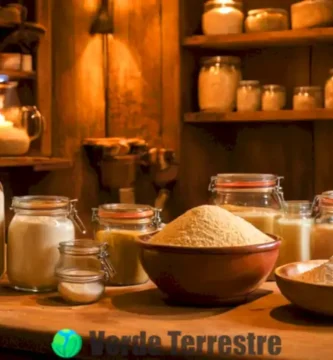 Representación artística de levaduras en una cocina vibrante con ingredientes para la fermentación y un ambiente acogedor