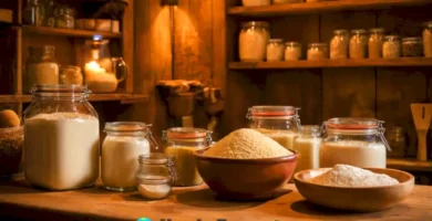 Representación artística de levaduras en una cocina vibrante con ingredientes para la fermentación y un ambiente acogedor