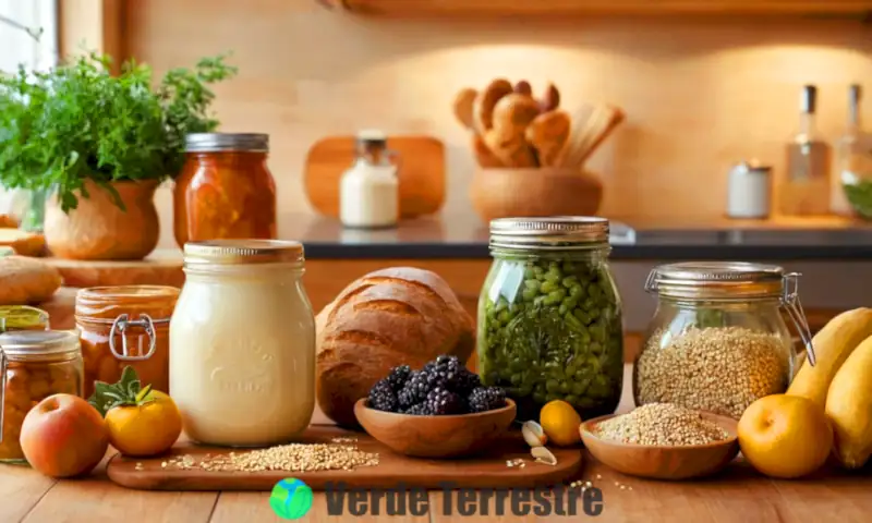 Ilustración vibrante de diversas levaduras probióticas en una cocina acogedora, rodeadas de ingredientes frescos y tarros de fermentación