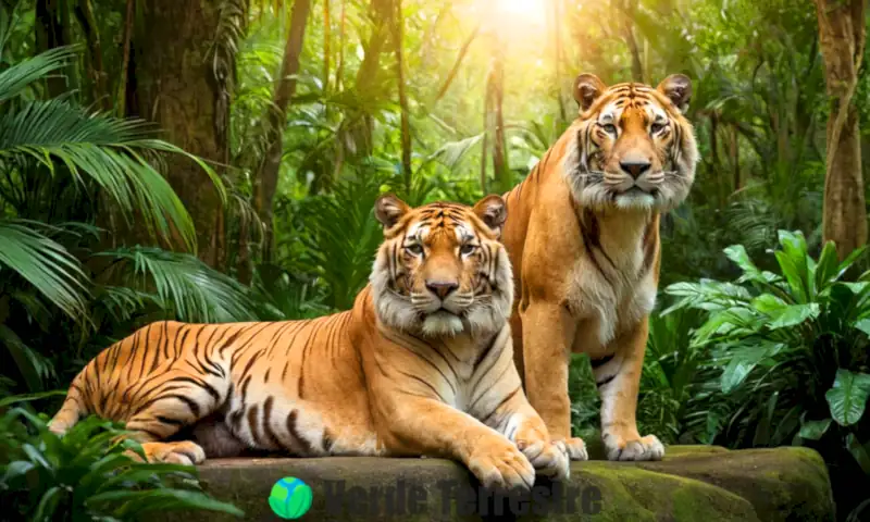 Liger y tigón juntos en una jungla, destacando su tamaño y características únicas