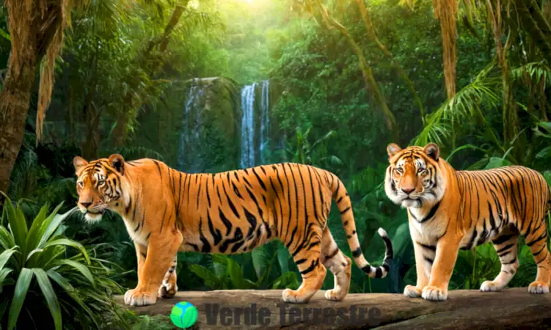 Ilustración de un Ligre y un Tigon juntos en un hábitat natural, mostrando sus características distintivas en una selva exuberante