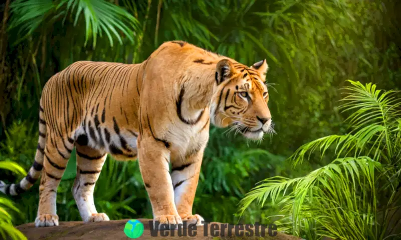 Liger y tigon se muestran juntos, destacando sus características en un entorno de sabana y jungla