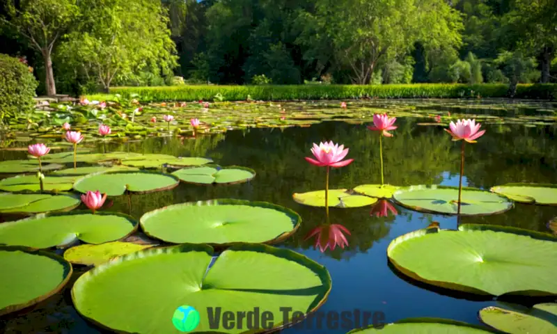 Flores de loto vibrantes sobre un estanque sereno rodeadas de hojas verdes en un jardín tranquilo