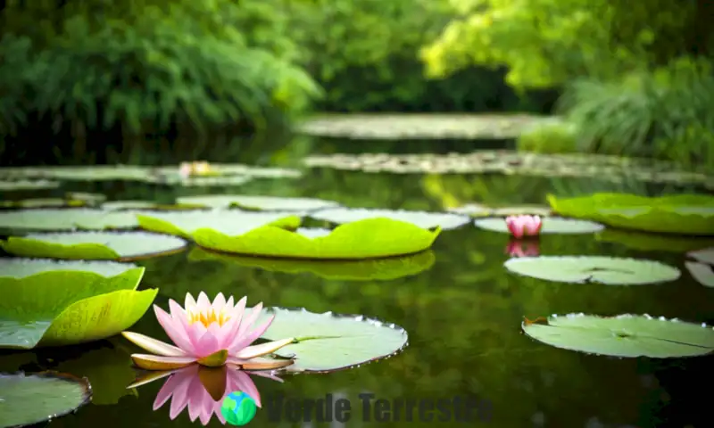 Lirio de agua en plena floración, con pétalos rosa y blanco, rodeado de hojas verdes en un tranquilo estanque